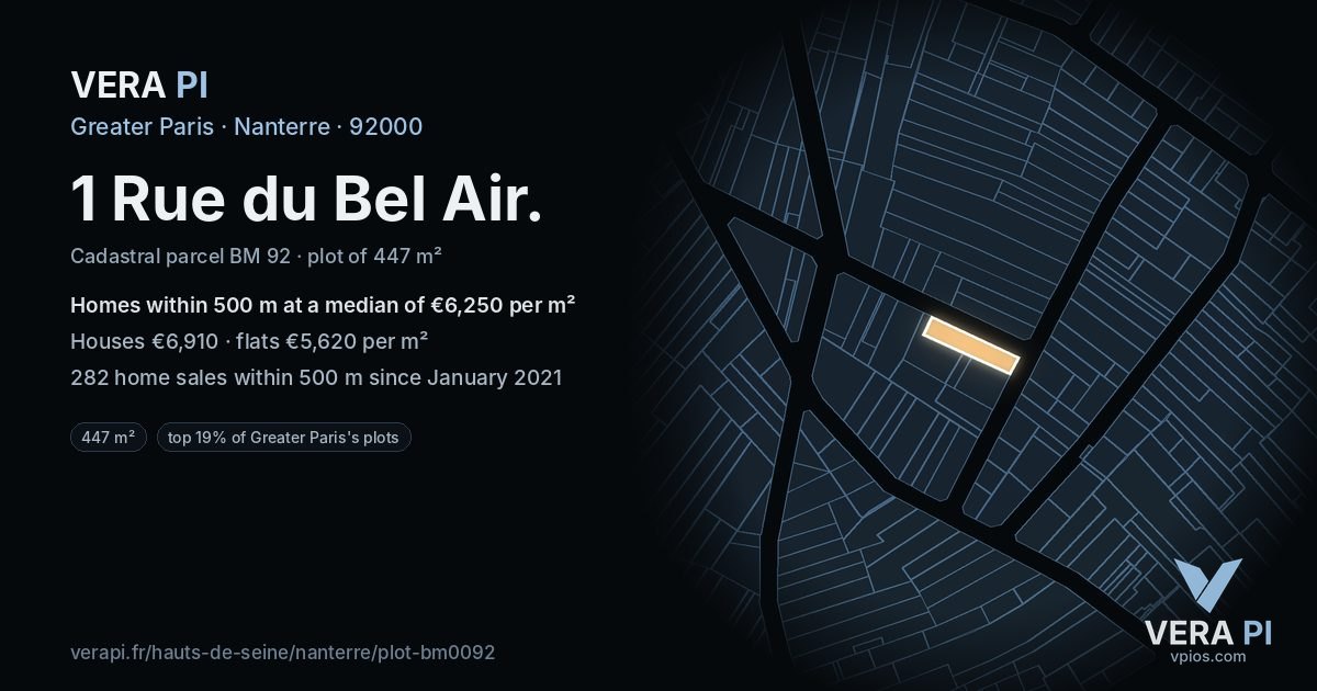 1 Rue du Bel Air, Nanterre at night – the plot lit, the parcels around coloured by the prices near them