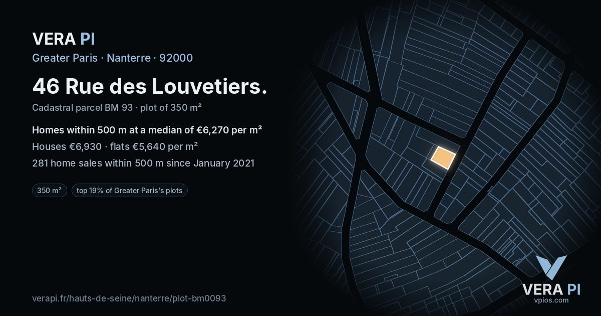 46 Rue des Louvetiers, Nanterre at night – the plot lit, the parcels around coloured by the prices near them