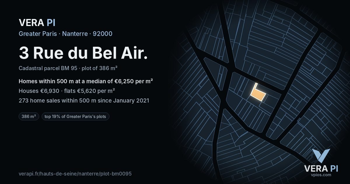 3 Rue du Bel Air, Nanterre at night – the plot lit, the parcels around coloured by the prices near them