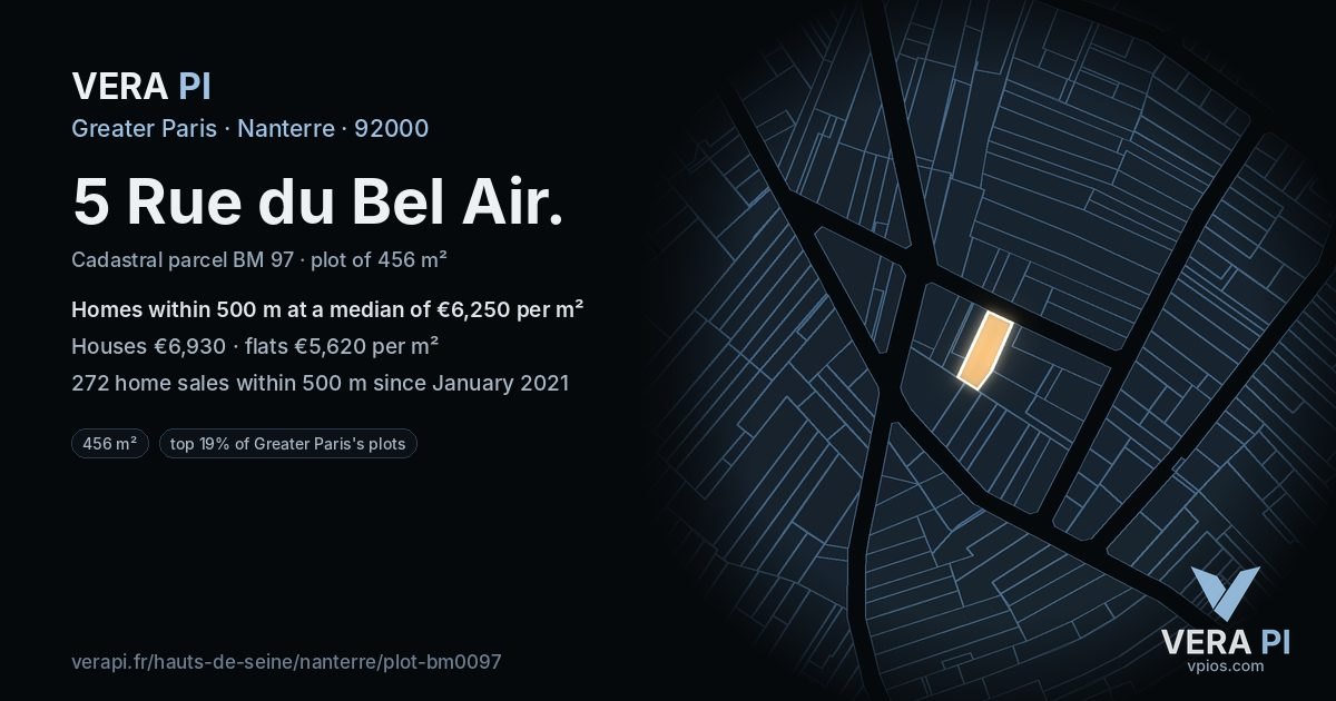 5 Rue du Bel Air, Nanterre at night – the plot lit, the parcels around coloured by the prices near them