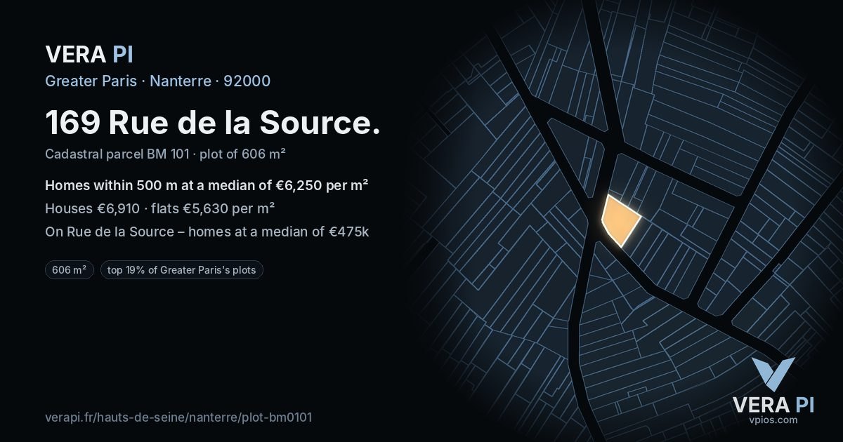 169 Rue de la Source, Nanterre at night – the plot lit, the parcels around coloured by the prices near them