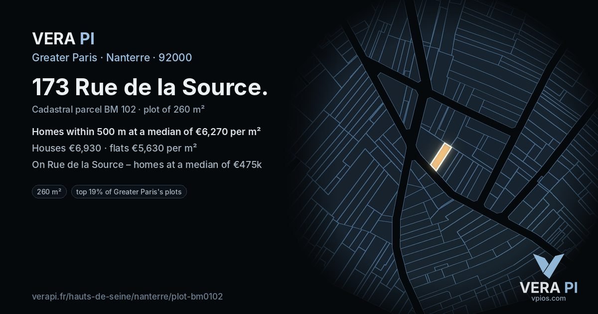 173 Rue de la Source, Nanterre at night – the plot lit, the parcels around coloured by the prices near them