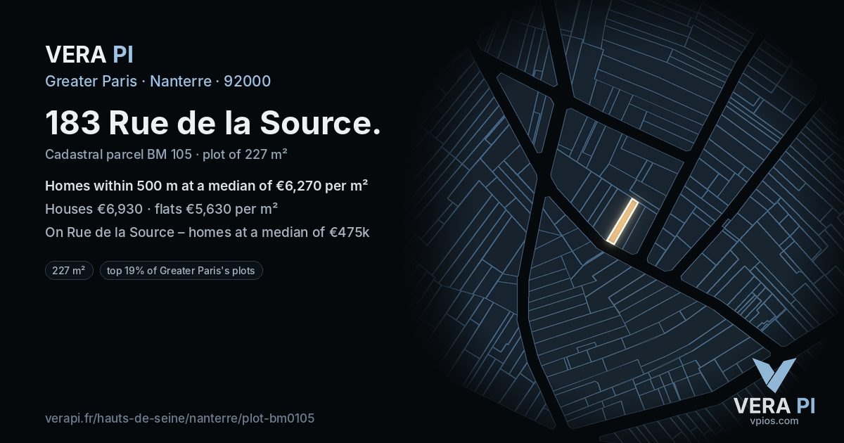 183 Rue de la Source, Nanterre at night – the plot lit, the parcels around coloured by the prices near them