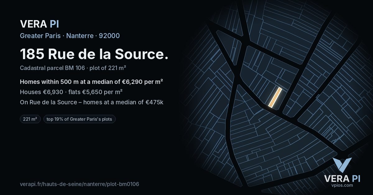 185 Rue de la Source, Nanterre at night – the plot lit, the parcels around coloured by the prices near them