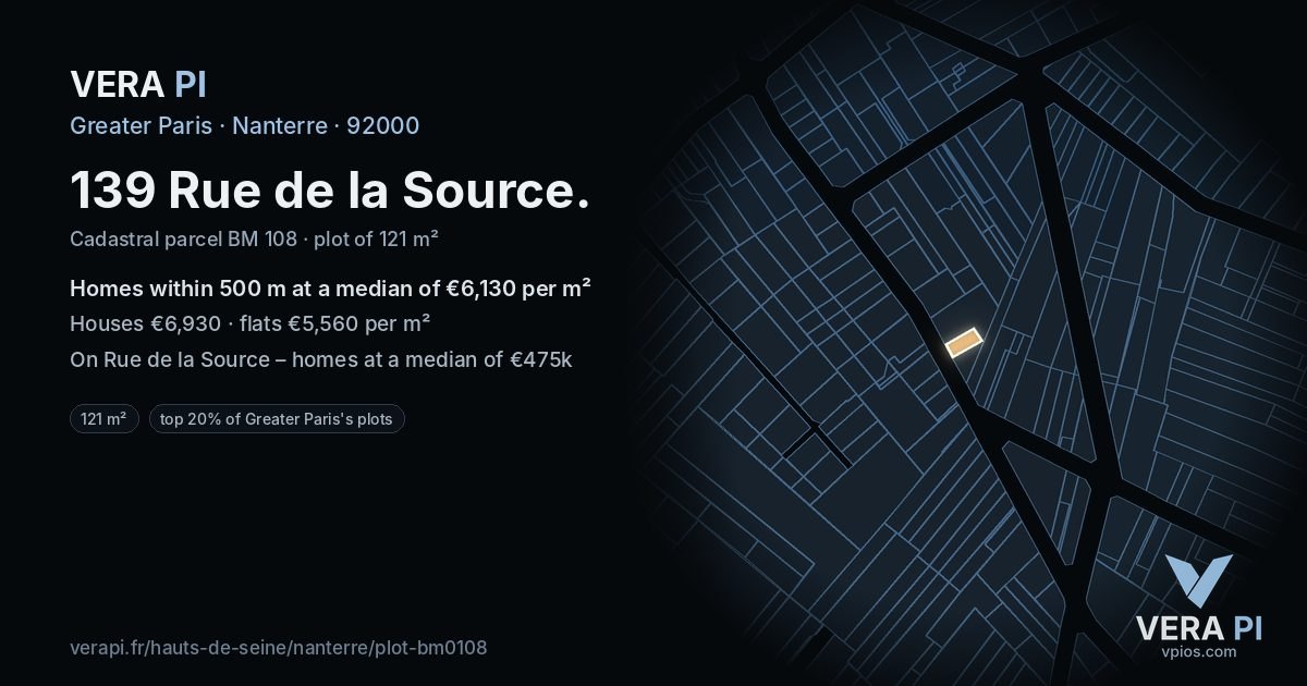 139 Rue de la Source, Nanterre at night – the plot lit, the parcels around coloured by the prices near them