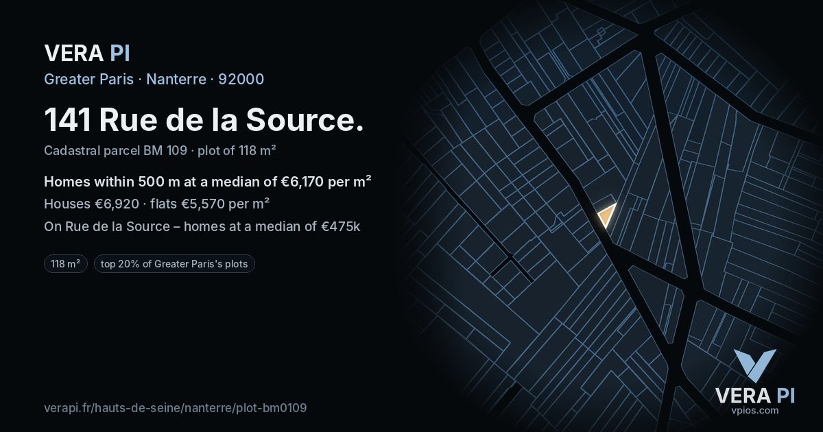 141 Rue de la Source, Nanterre at night – the plot lit, the parcels around coloured by the prices near them