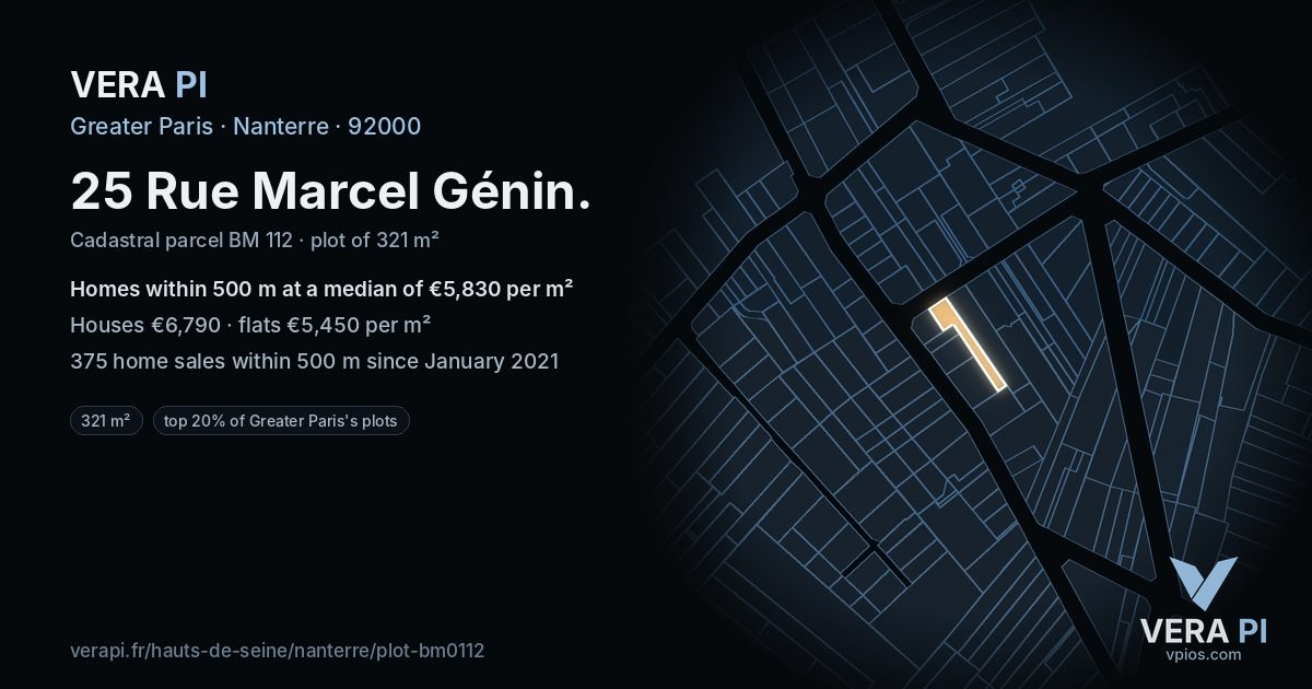 25 Rue Marcel Génin, Nanterre at night – the plot lit, the parcels around coloured by the prices near them