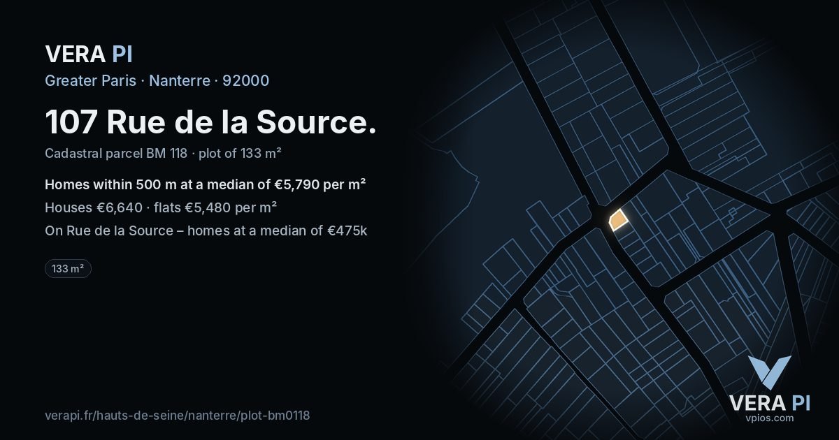 107 Rue de la Source, Nanterre at night – the plot lit, the parcels around coloured by the prices near them