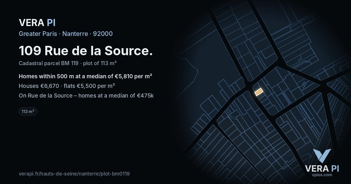 109 Rue de la Source, Nanterre at night – the plot lit, the parcels around coloured by the prices near them