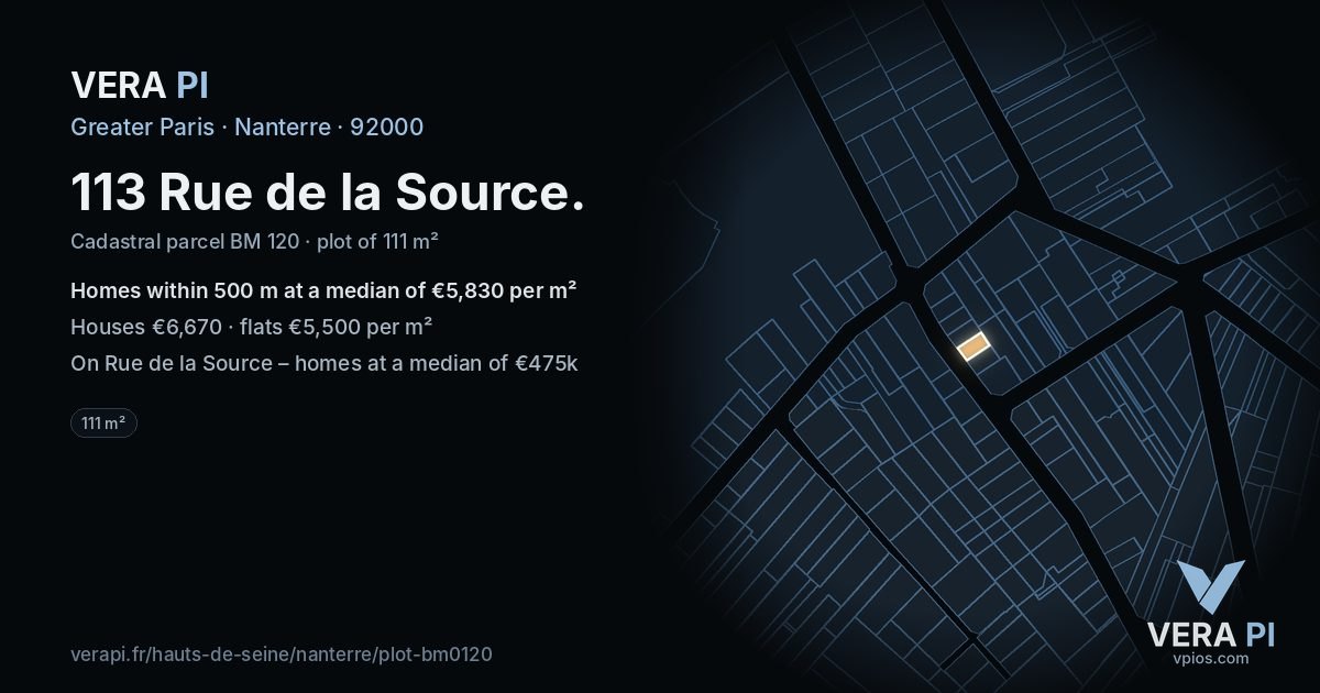 113 Rue de la Source, Nanterre at night – the plot lit, the parcels around coloured by the prices near them