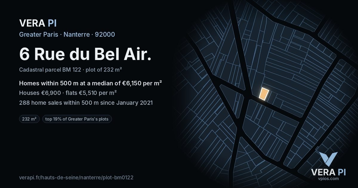 6 Rue du Bel Air, Nanterre at night – the plot lit, the parcels around coloured by the prices near them