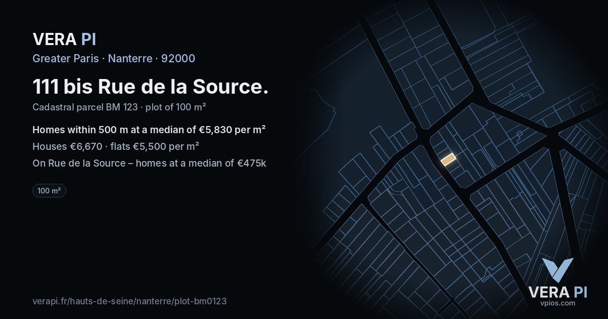 111 bis Rue de la Source, Nanterre at night – the plot lit, the parcels around coloured by the prices near them