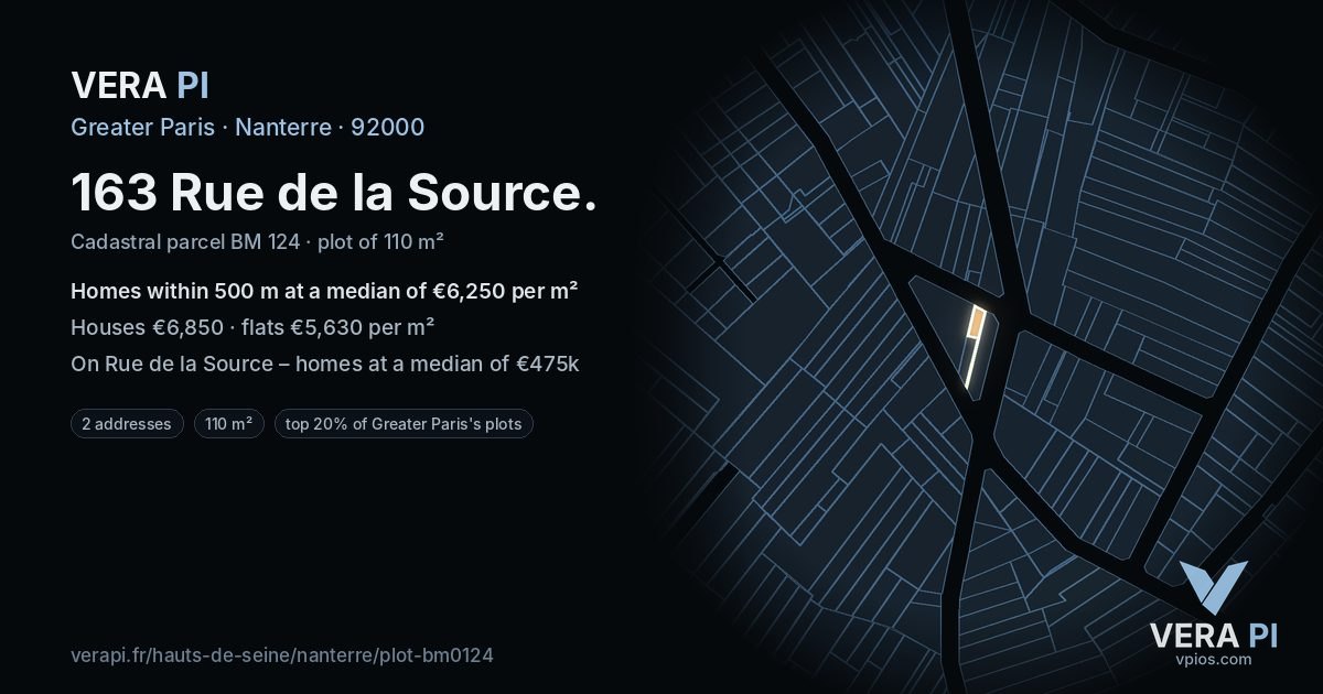 163 Rue de la Source, Nanterre at night – the plot lit, the parcels around coloured by the prices near them