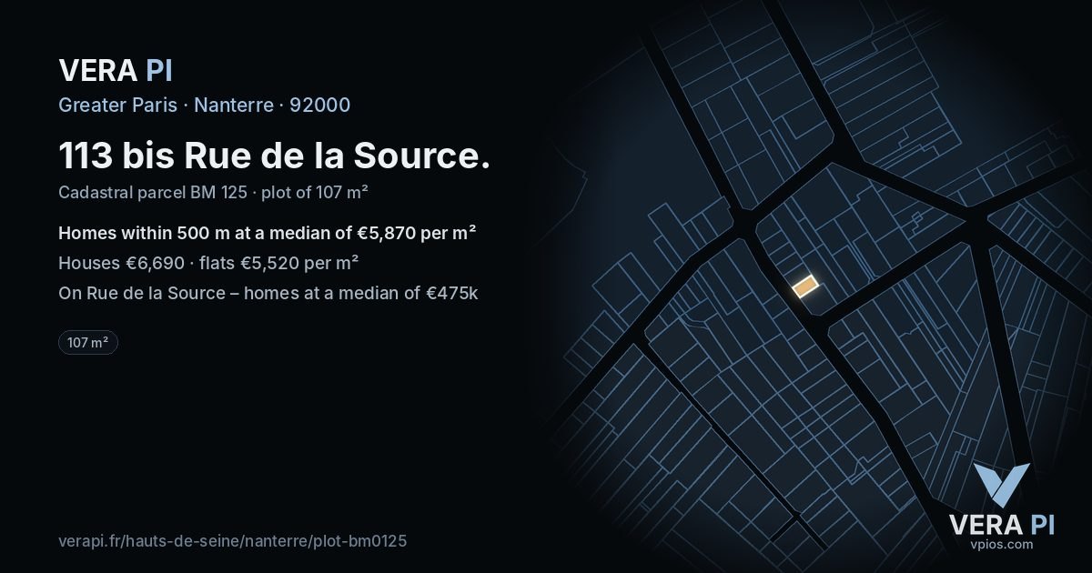 113 bis Rue de la Source, Nanterre at night – the plot lit, the parcels around coloured by the prices near them