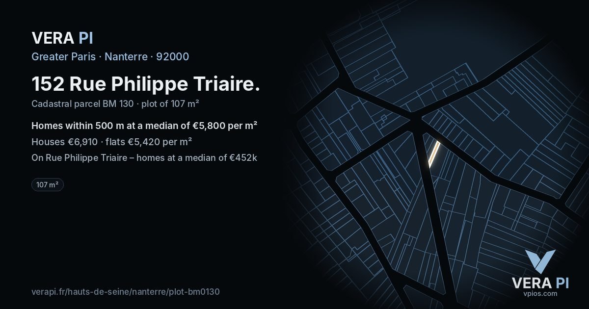 152 Rue Philippe Triaire, Nanterre at night – the plot lit, the parcels around coloured by the prices near them