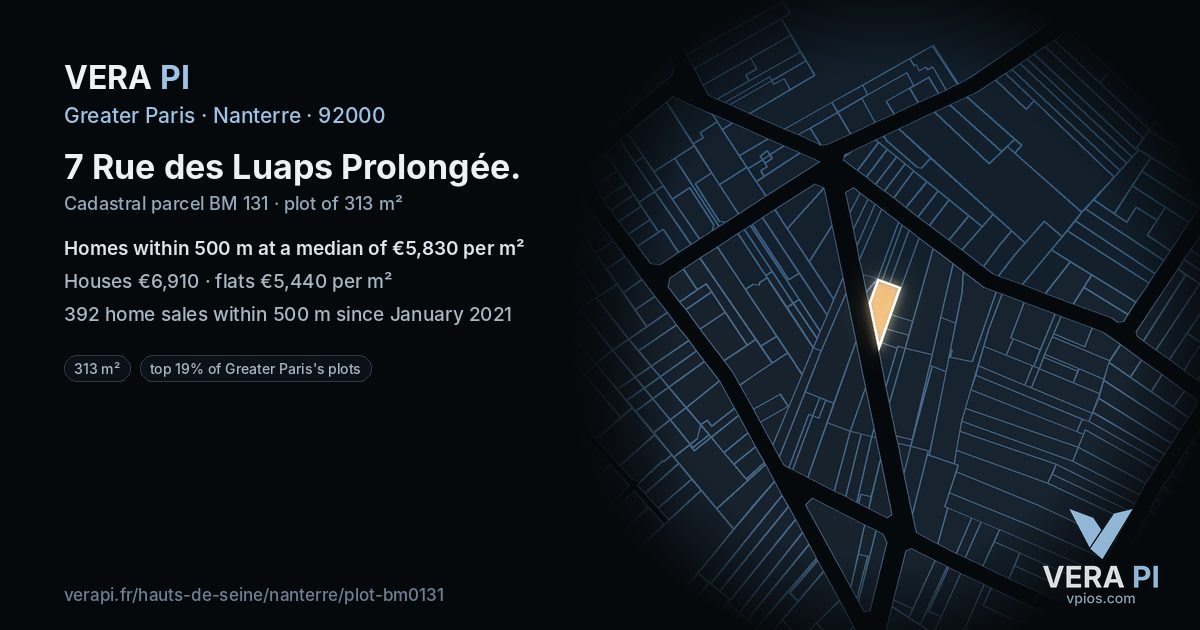7 Rue des Luaps Prolongée, Nanterre at night – the plot lit, the parcels around coloured by the prices near them