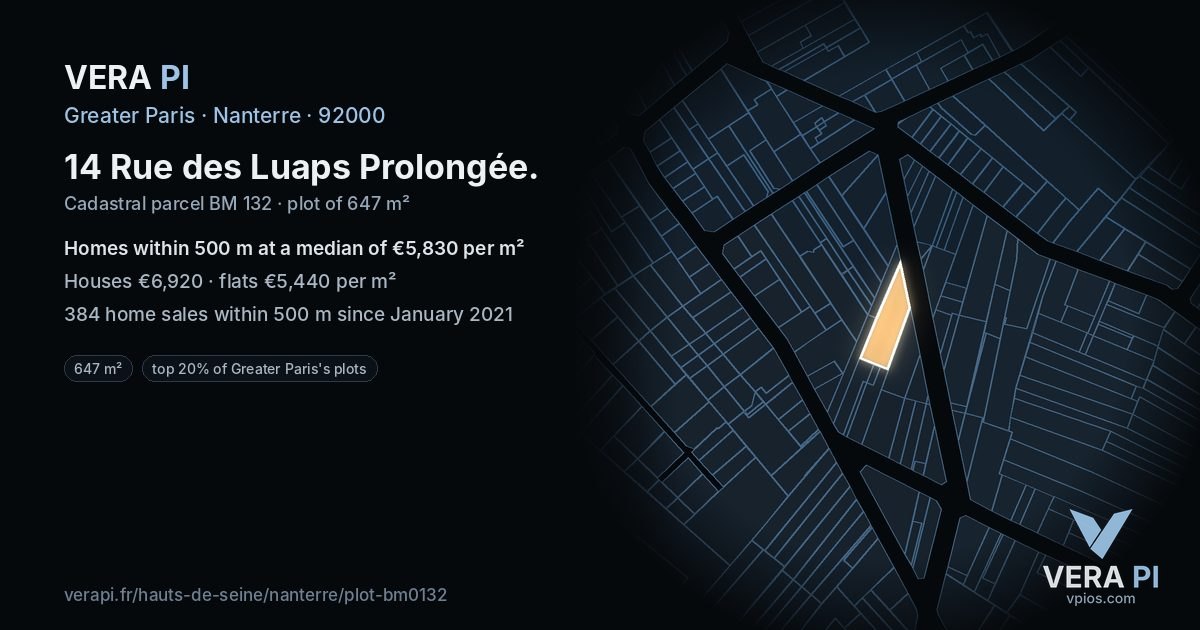 14 Rue des Luaps Prolongée, Nanterre at night – the plot lit, the parcels around coloured by the prices near them