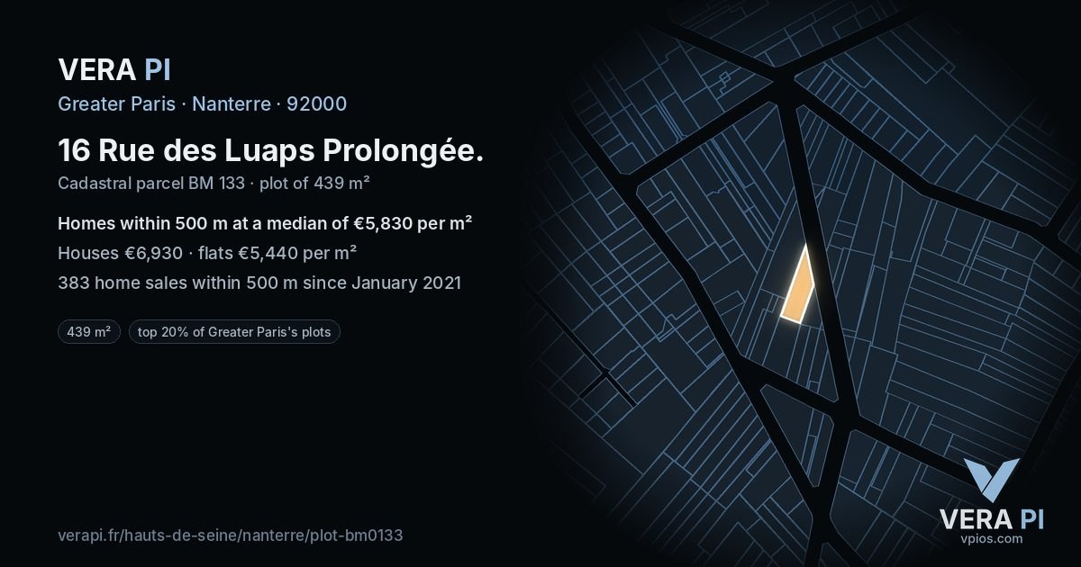 16 Rue des Luaps Prolongée, Nanterre at night – the plot lit, the parcels around coloured by the prices near them