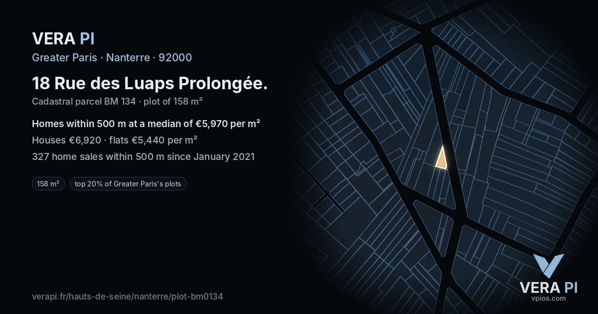 18 Rue des Luaps Prolongée, Nanterre at night – the plot lit, the parcels around coloured by the prices near them