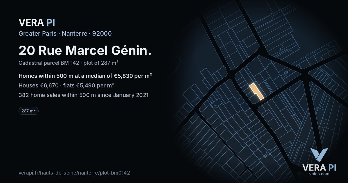 20 Rue Marcel Génin, Nanterre at night – the plot lit, the parcels around coloured by the prices near them