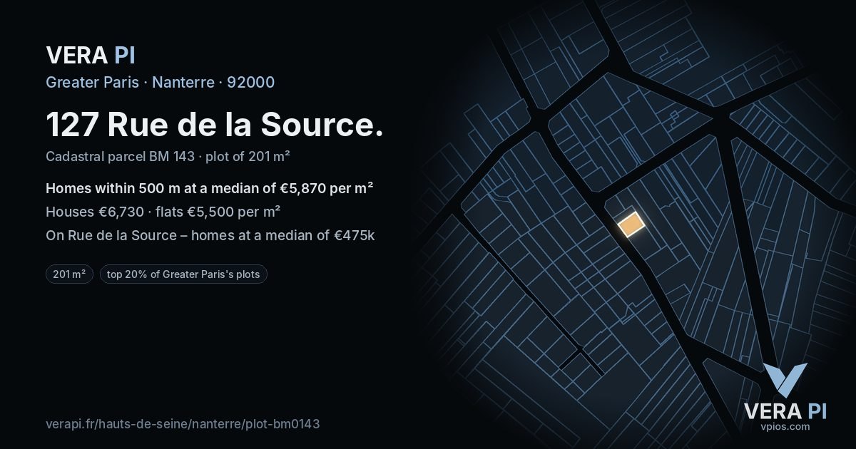 127 Rue de la Source, Nanterre at night – the plot lit, the parcels around coloured by the prices near them