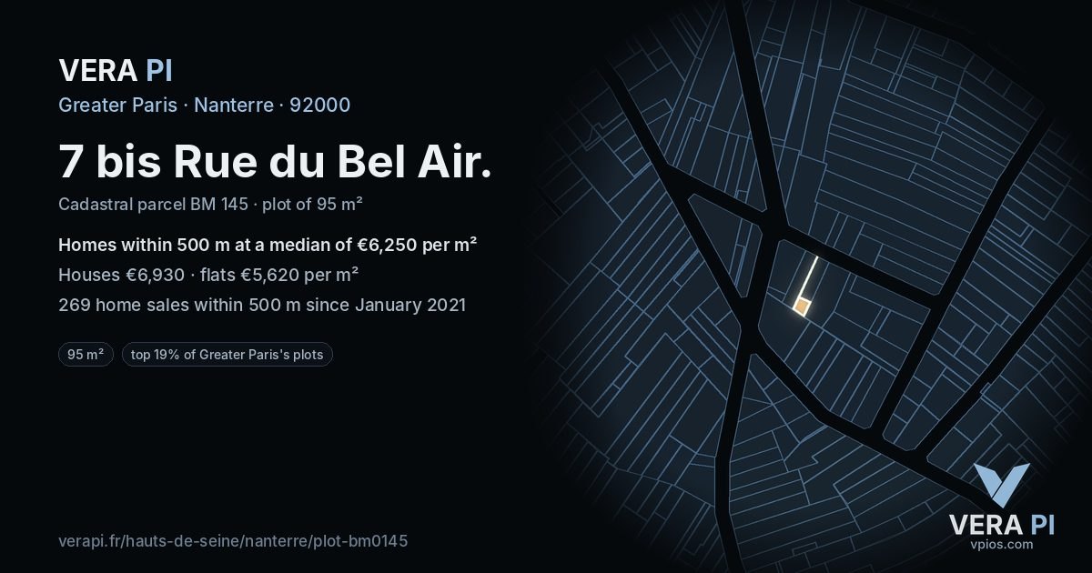 7 bis Rue du Bel Air, Nanterre at night – the plot lit, the parcels around coloured by the prices near them