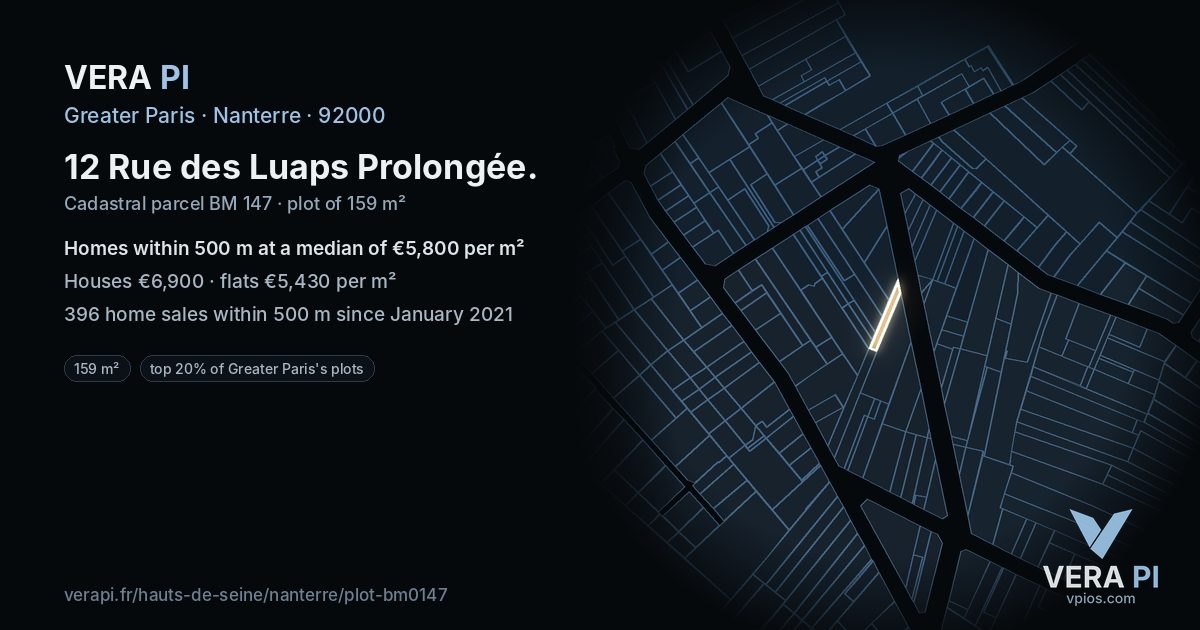 12 Rue des Luaps Prolongée, Nanterre at night – the plot lit, the parcels around coloured by the prices near them