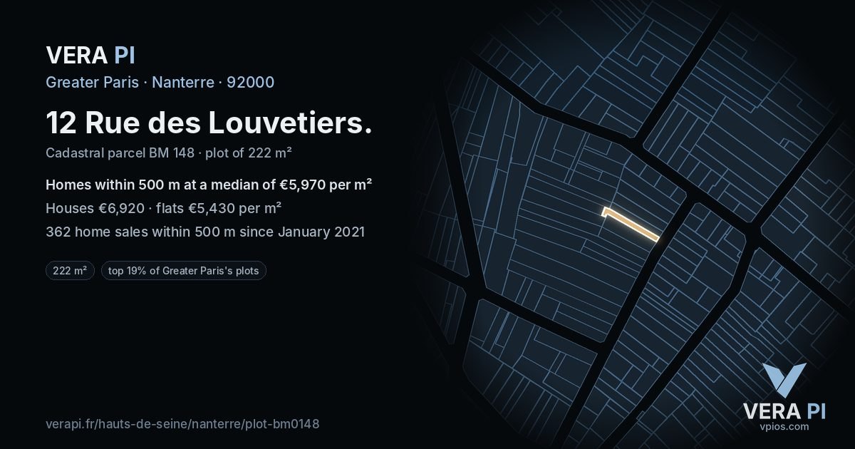 12 Rue des Louvetiers, Nanterre at night – the plot lit, the parcels around coloured by the prices near them