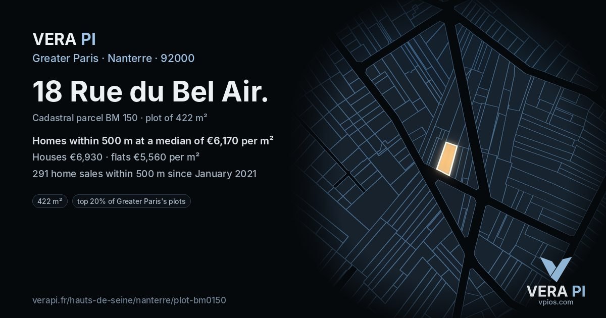 18 Rue du Bel Air, Nanterre at night – the plot lit, the parcels around coloured by the prices near them