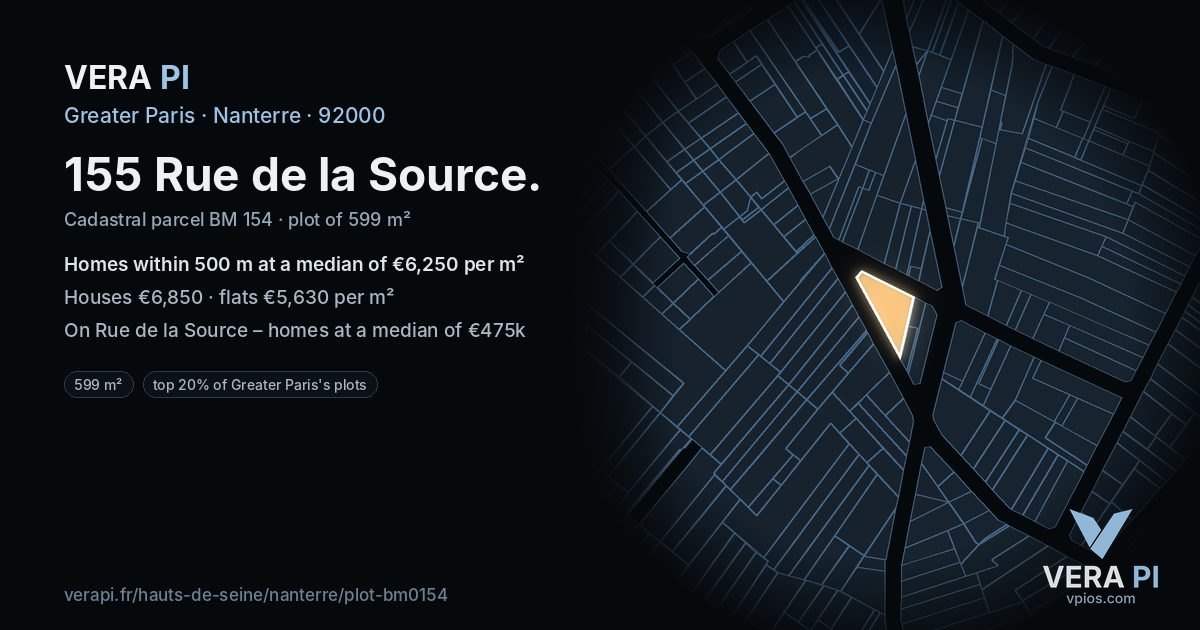 155 Rue de la Source, Nanterre at night – the plot lit, the parcels around coloured by the prices near them