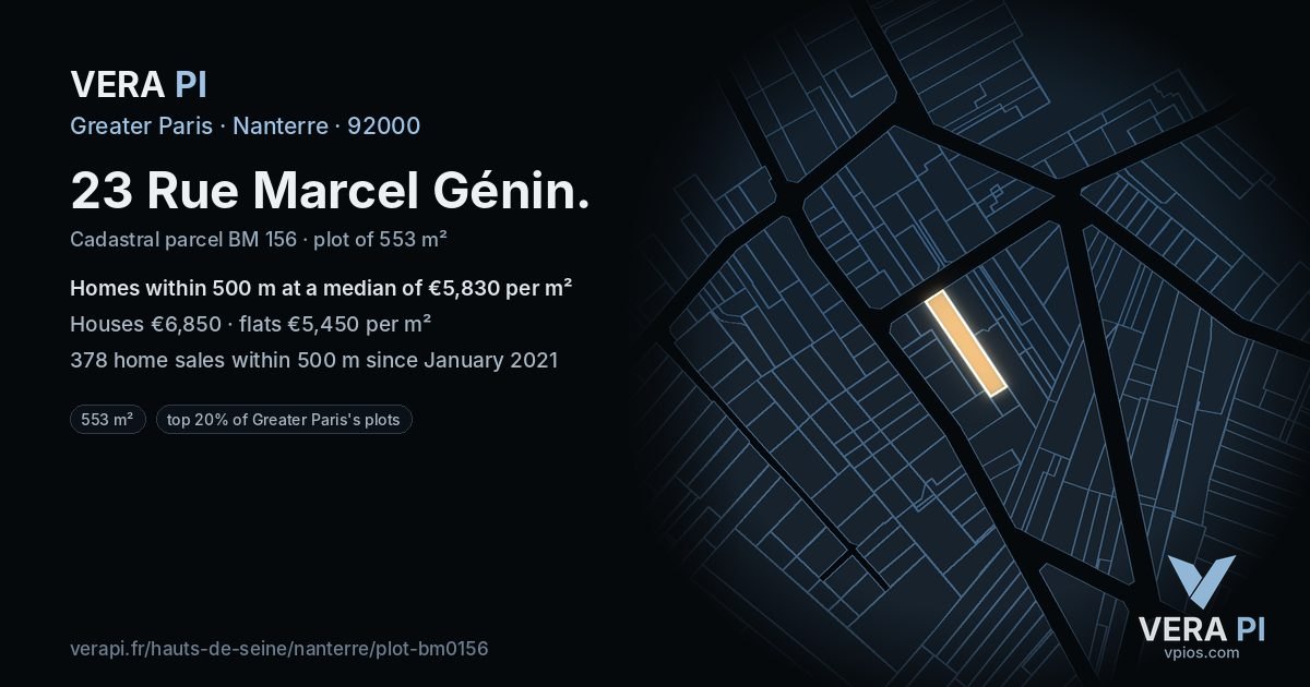 23 Rue Marcel Génin, Nanterre at night – the plot lit, the parcels around coloured by the prices near them