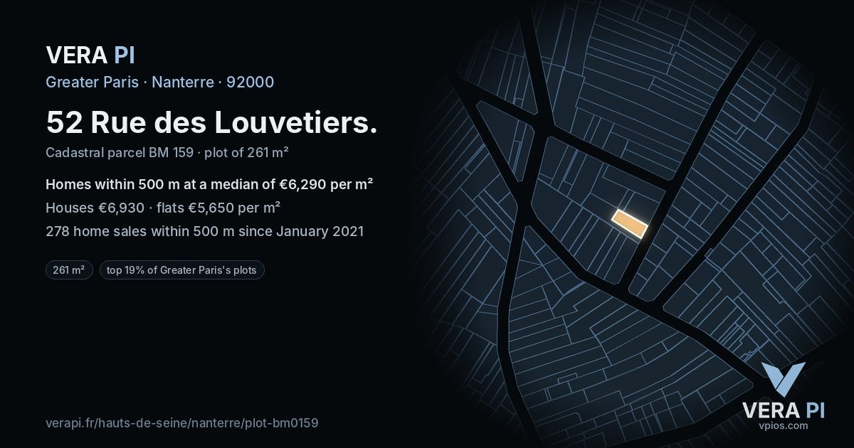 52 Rue des Louvetiers, Nanterre at night – the plot lit, the parcels around coloured by the prices near them