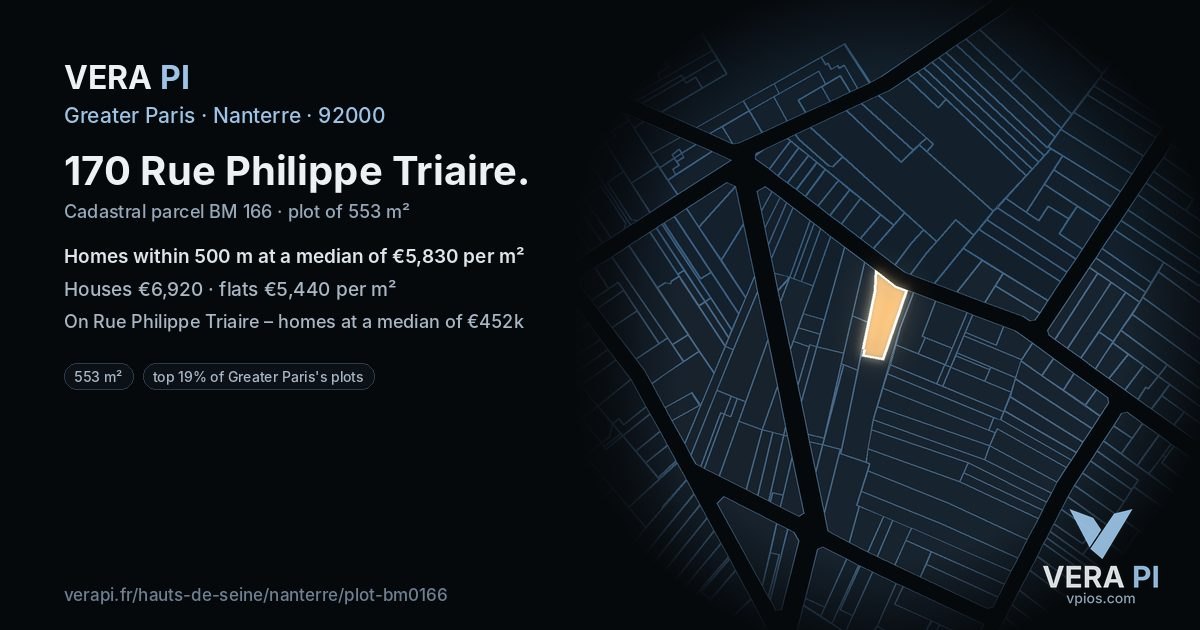 170 Rue Philippe Triaire, Nanterre at night – the plot lit, the parcels around coloured by the prices near them