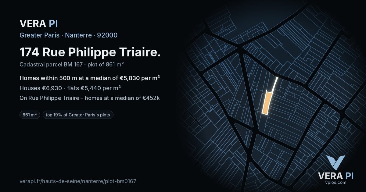 174 Rue Philippe Triaire, Nanterre at night – the plot lit, the parcels around coloured by the prices near them