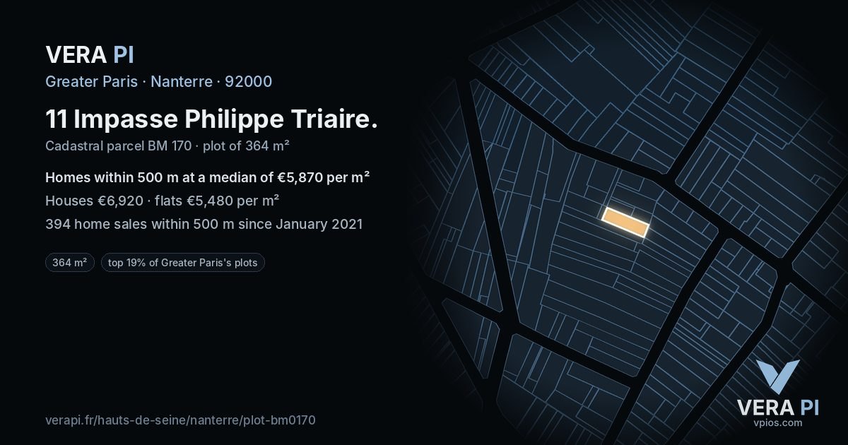 11 Impasse Philippe Triaire, Nanterre at night – the plot lit, the parcels around coloured by the prices near them