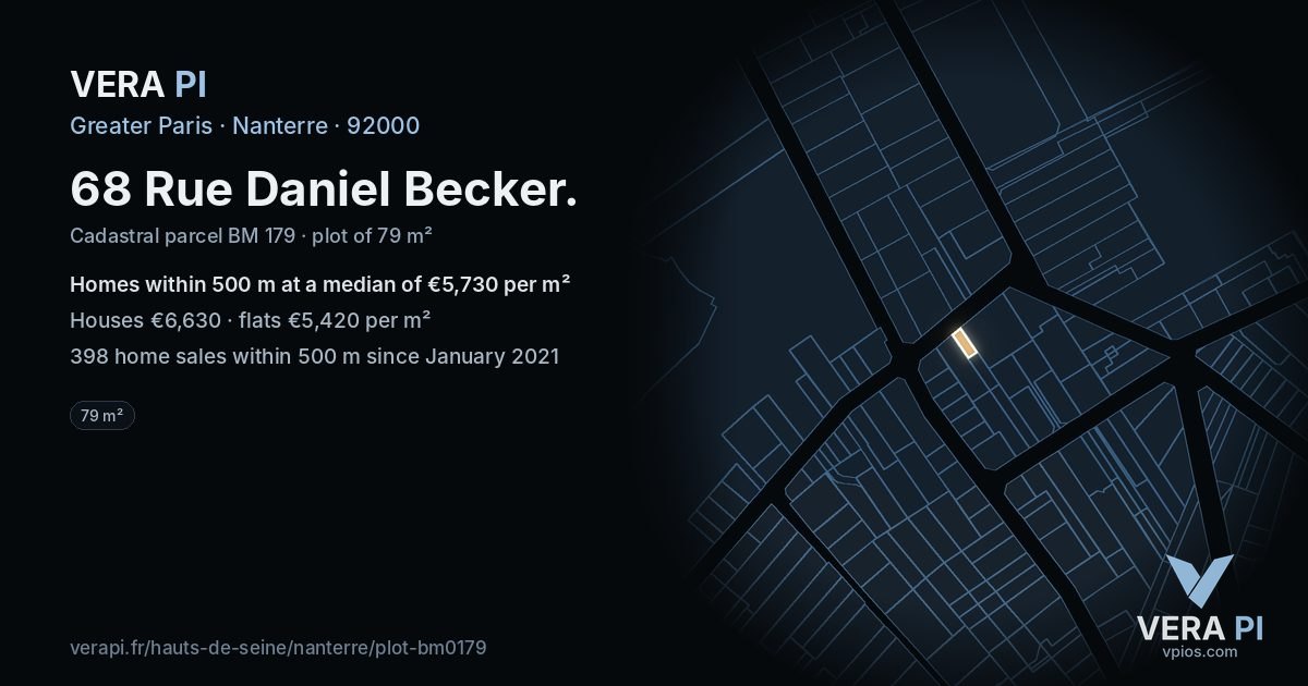 68 Rue Daniel Becker, Nanterre at night – the plot lit, the parcels around coloured by the prices near them