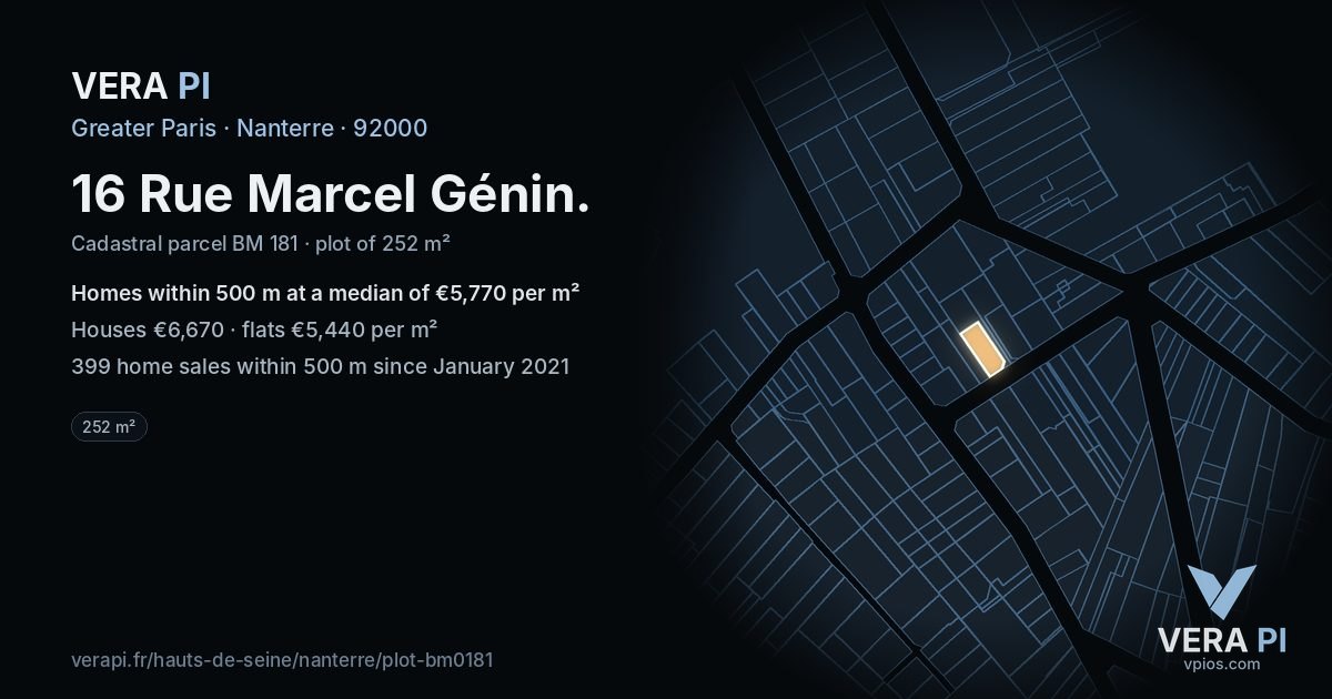 16 Rue Marcel Génin, Nanterre at night – the plot lit, the parcels around coloured by the prices near them