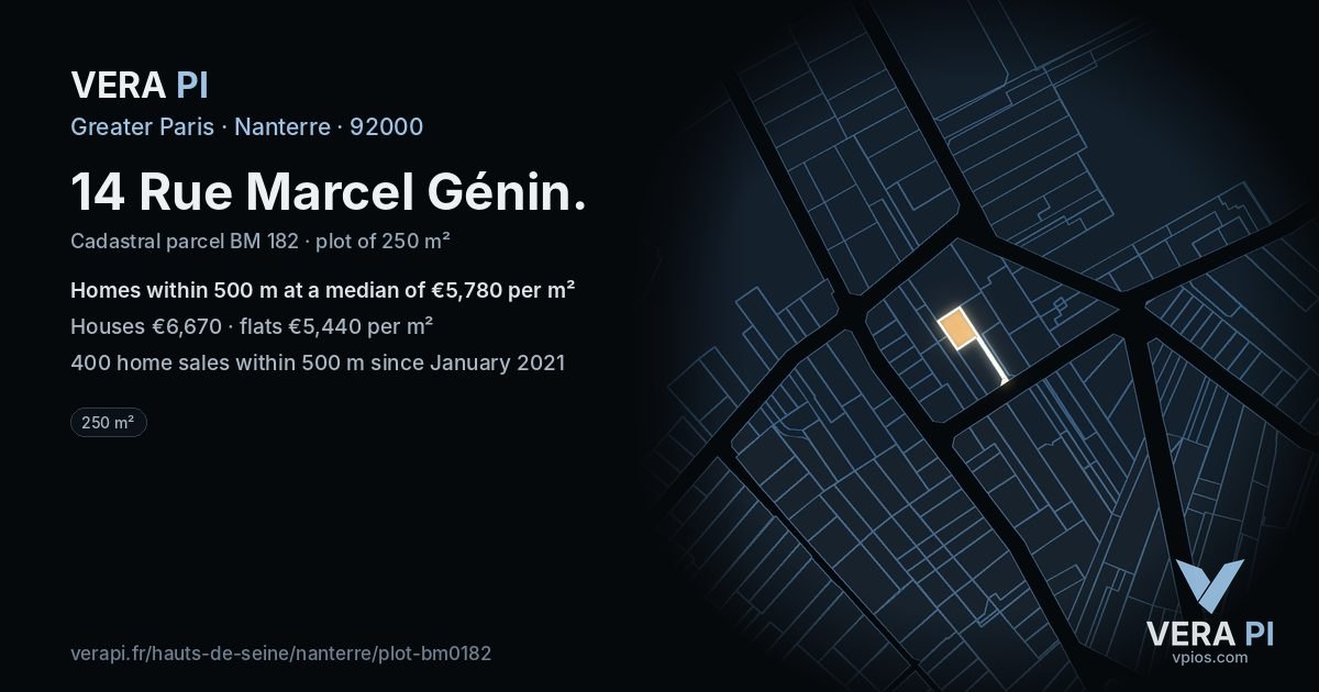 14 Rue Marcel Génin, Nanterre at night – the plot lit, the parcels around coloured by the prices near them