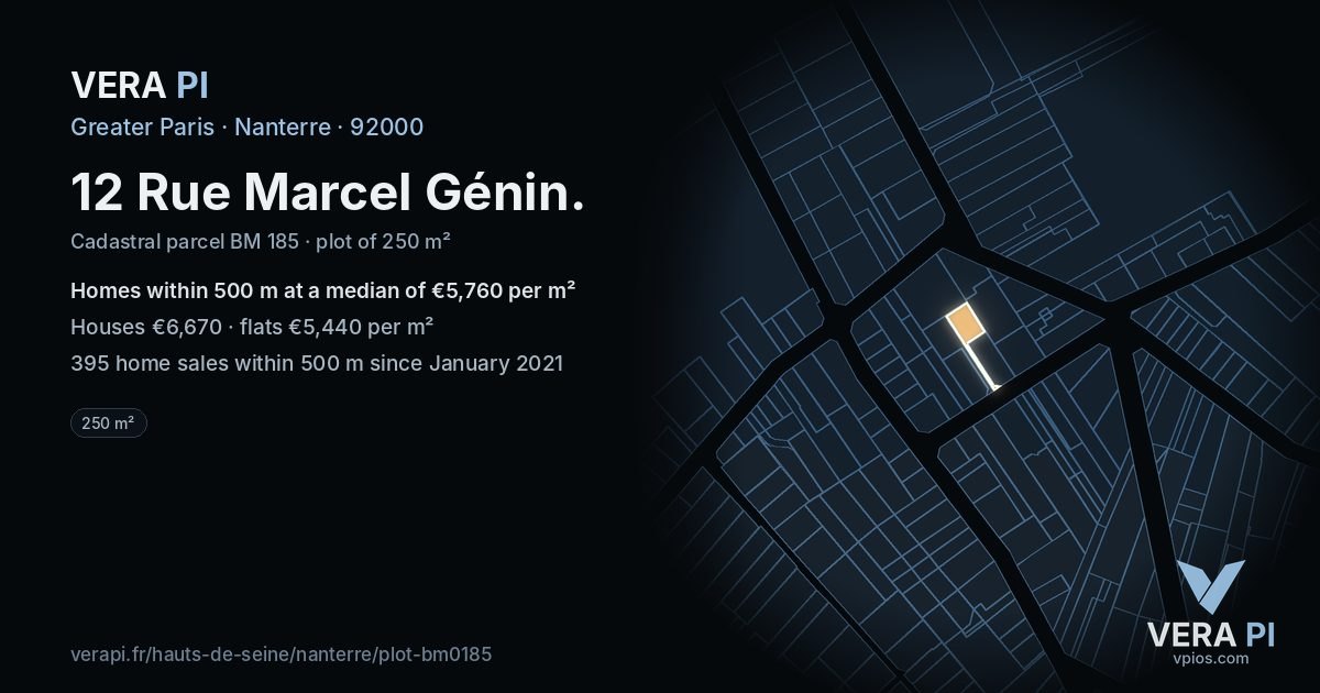 12 Rue Marcel Génin, Nanterre at night – the plot lit, the parcels around coloured by the prices near them