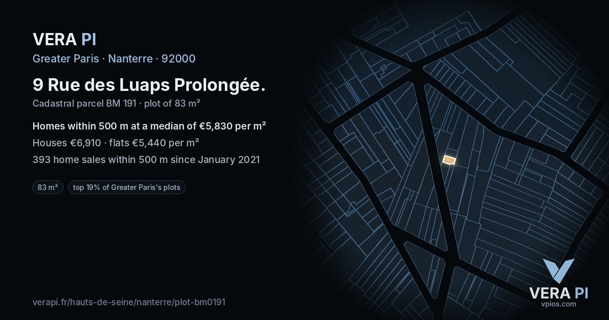 9 Rue des Luaps Prolongée, Nanterre at night – the plot lit, the parcels around coloured by the prices near them