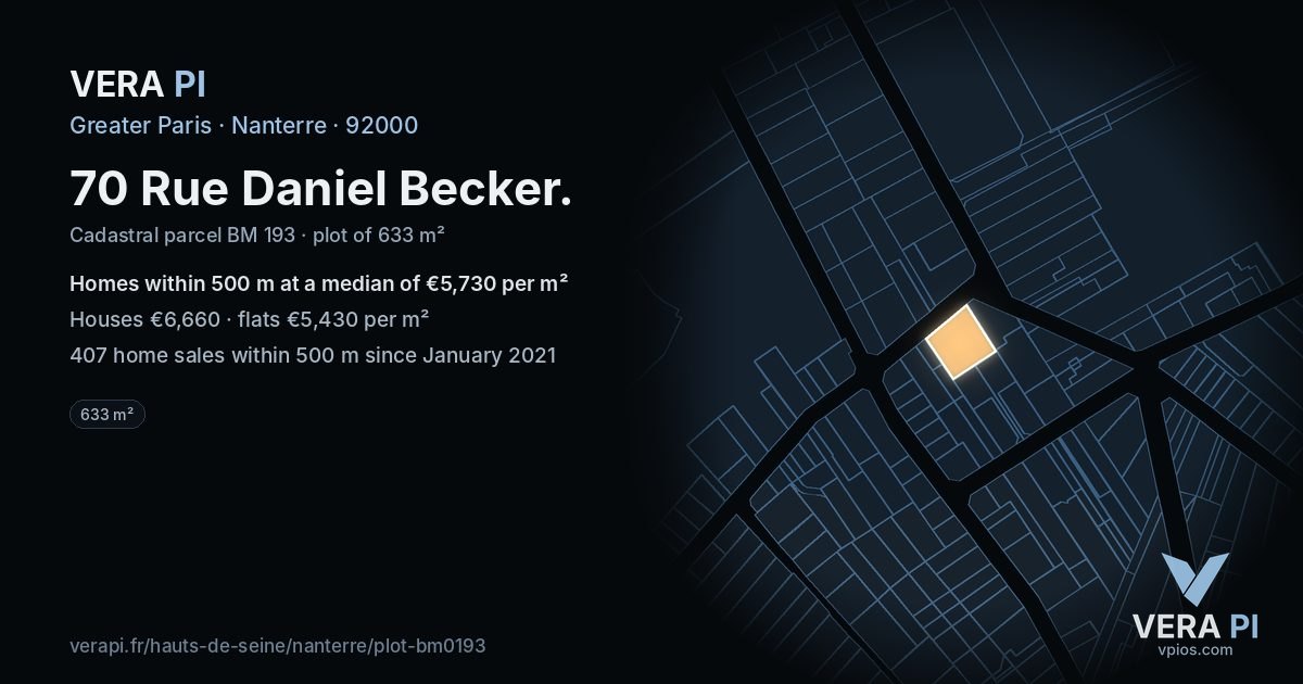 70 Rue Daniel Becker, Nanterre at night – the plot lit, the parcels around coloured by the prices near them