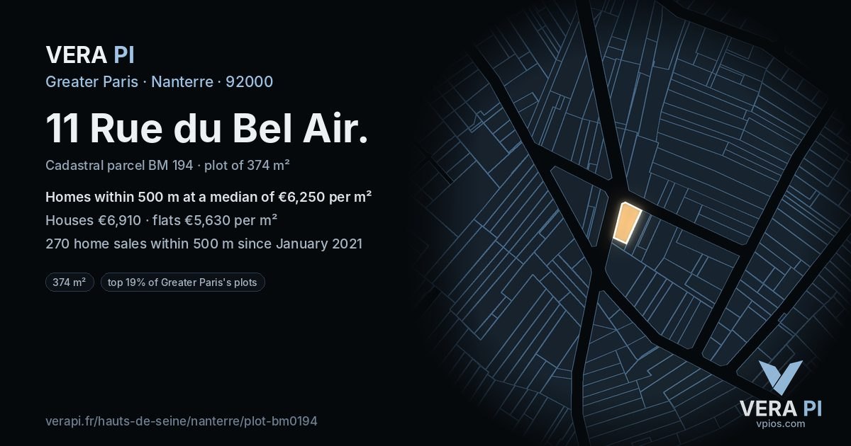 11 Rue du Bel Air, Nanterre at night – the plot lit, the parcels around coloured by the prices near them