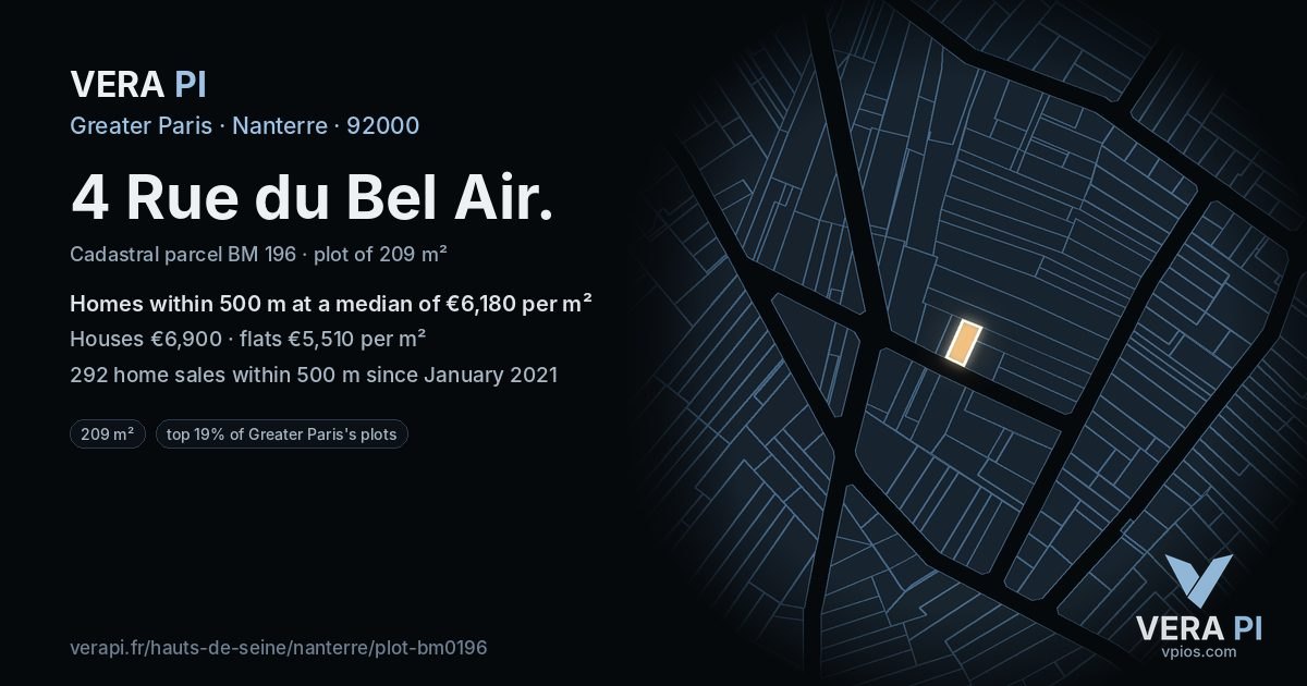 4 Rue du Bel Air, Nanterre at night – the plot lit, the parcels around coloured by the prices near them