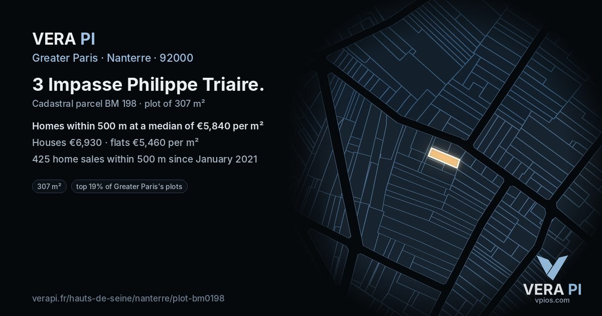 3 Impasse Philippe Triaire, Nanterre at night – the plot lit, the parcels around coloured by the prices near them