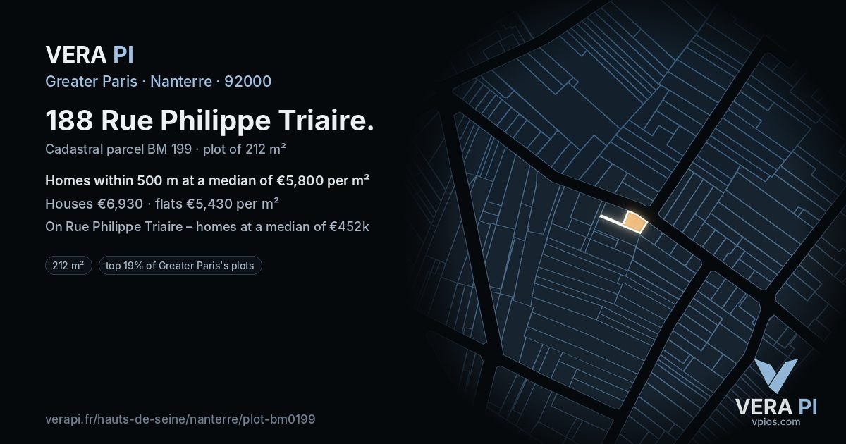 188 Rue Philippe Triaire, Nanterre at night – the plot lit, the parcels around coloured by the prices near them