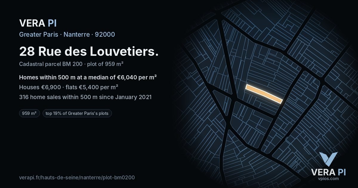 28 Rue des Louvetiers, Nanterre at night – the plot lit, the parcels around coloured by the prices near them
