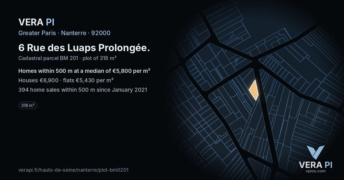6 Rue des Luaps Prolongée, Nanterre at night – the plot lit, the parcels around coloured by the prices near them