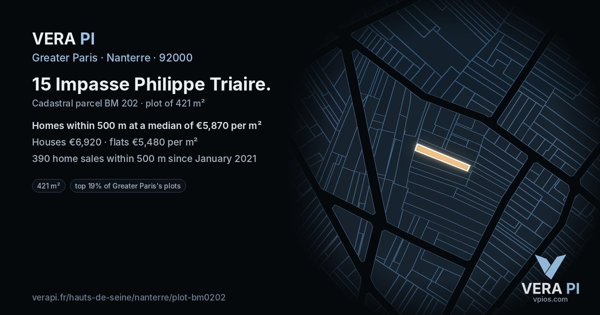 15 Impasse Philippe Triaire, Nanterre at night – the plot lit, the parcels around coloured by the prices near them