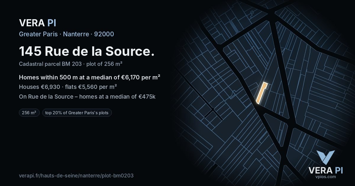 145 Rue de la Source, Nanterre at night – the plot lit, the parcels around coloured by the prices near them