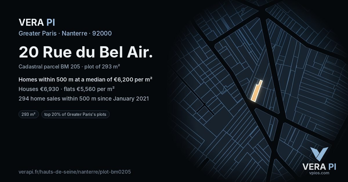 20 Rue du Bel Air, Nanterre at night – the plot lit, the parcels around coloured by the prices near them